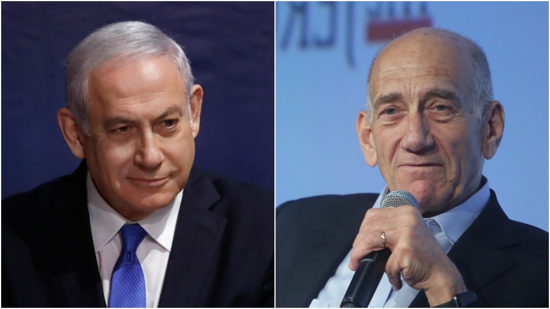 רה"מ לשעבר אהוד אולמרט ורה"מ לשעבר בנימין נתניהו. צילום: פלאש 90