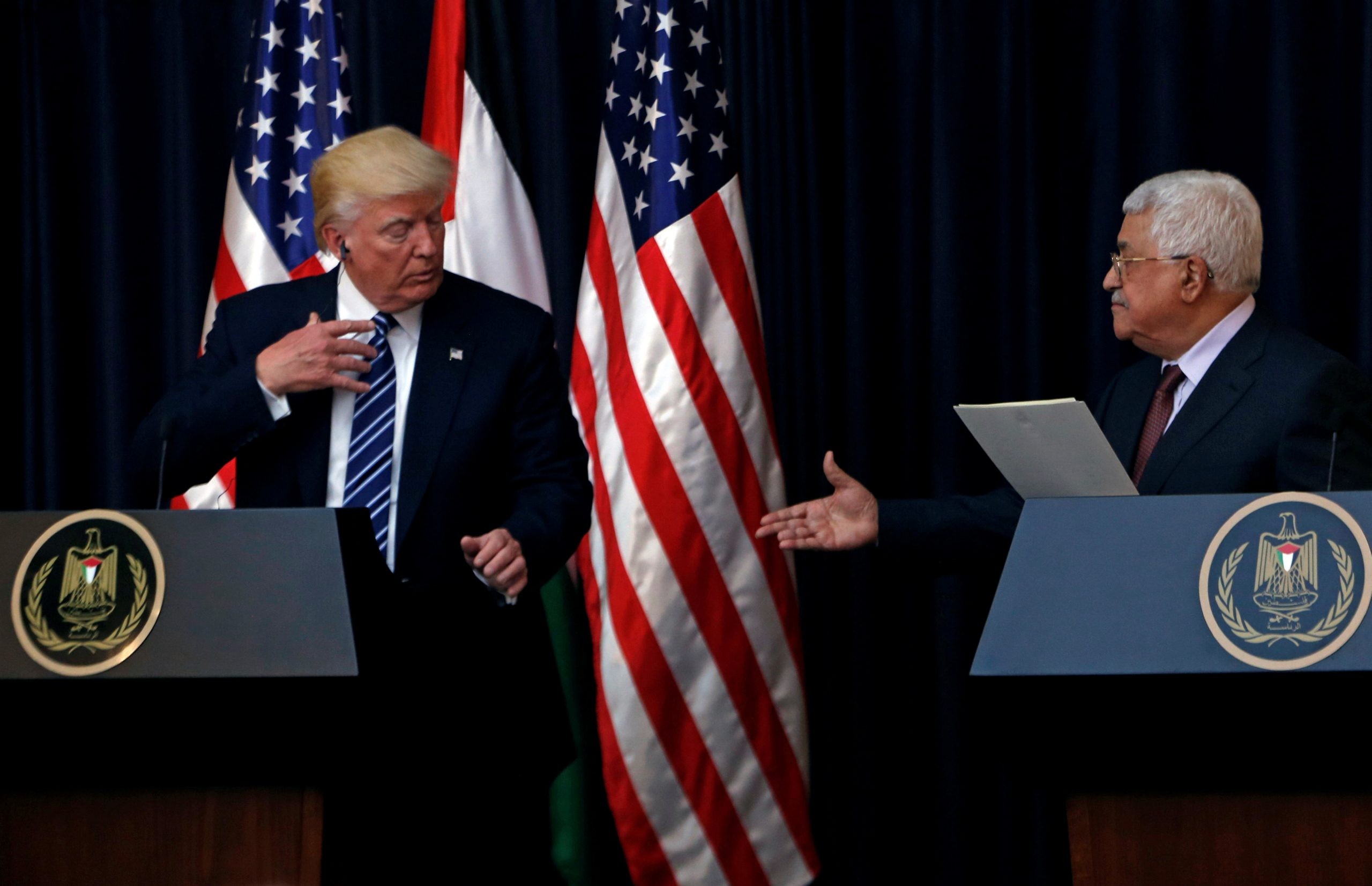 אבו מאזן ונשיא ארה"ב דונלד טראמפ בפגישתם בבית לחם. צילום: רויטרס