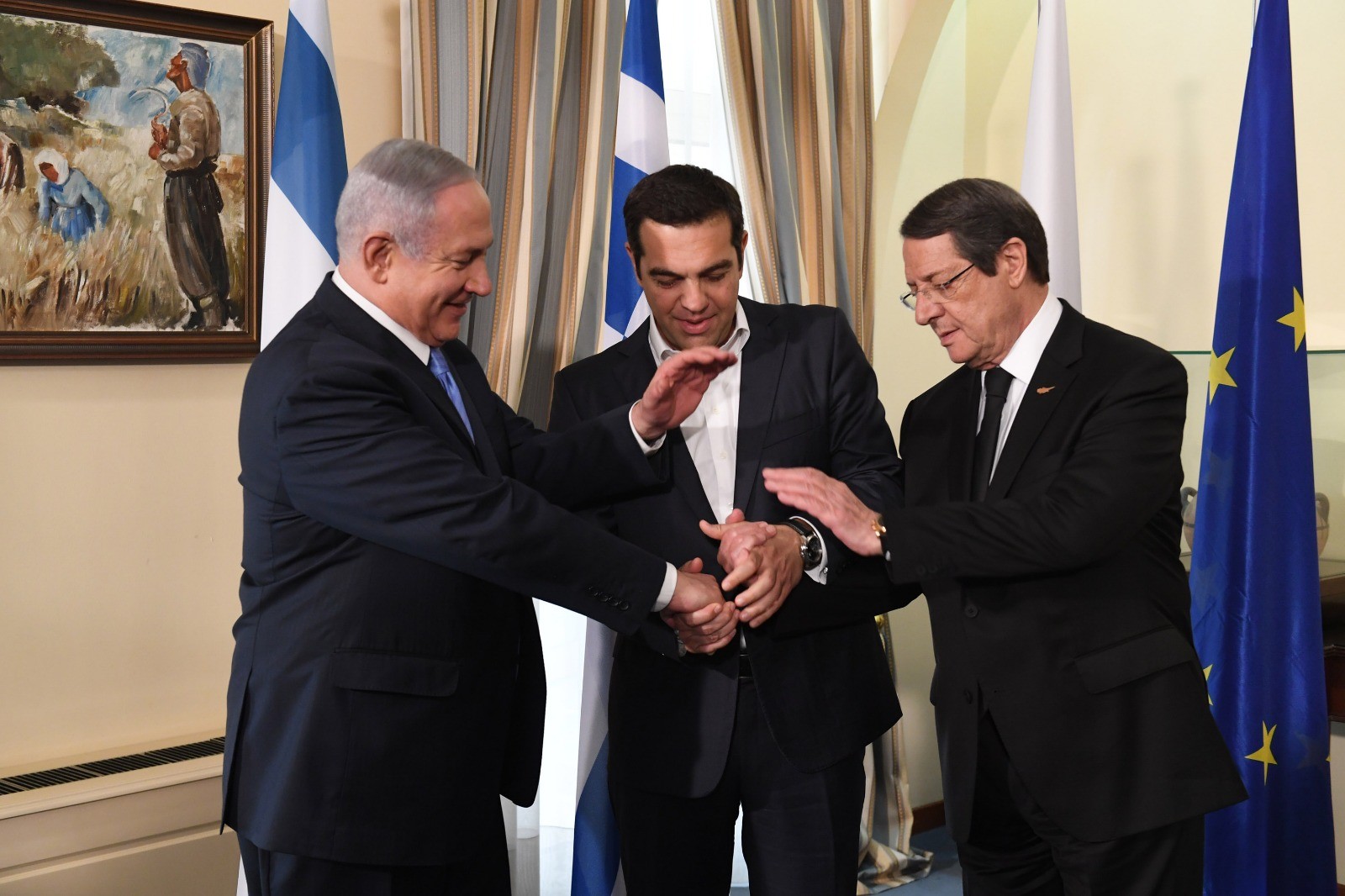 הפגישה הקודמת של נתניהו עם ראש ממשלת יוון ונשיא קפריסין. צילום: לע"מ