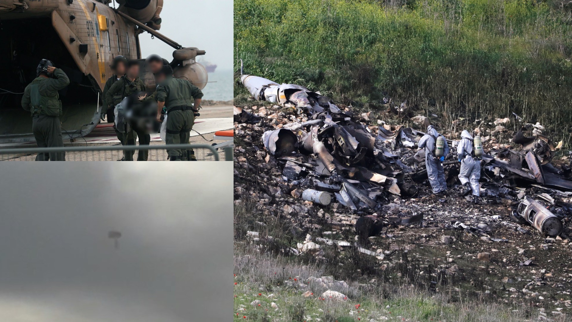 שרידי מטוס ה-F16, פינוי אחד הטייסים ותיעוד נטישת המטוס. צילומים: רויטרס, TPS