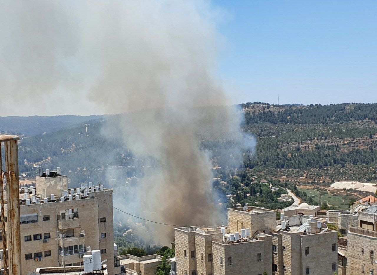 שריפה בשכונת הר-נוף בירושלים - כוחות כיבוי פועלים במקום