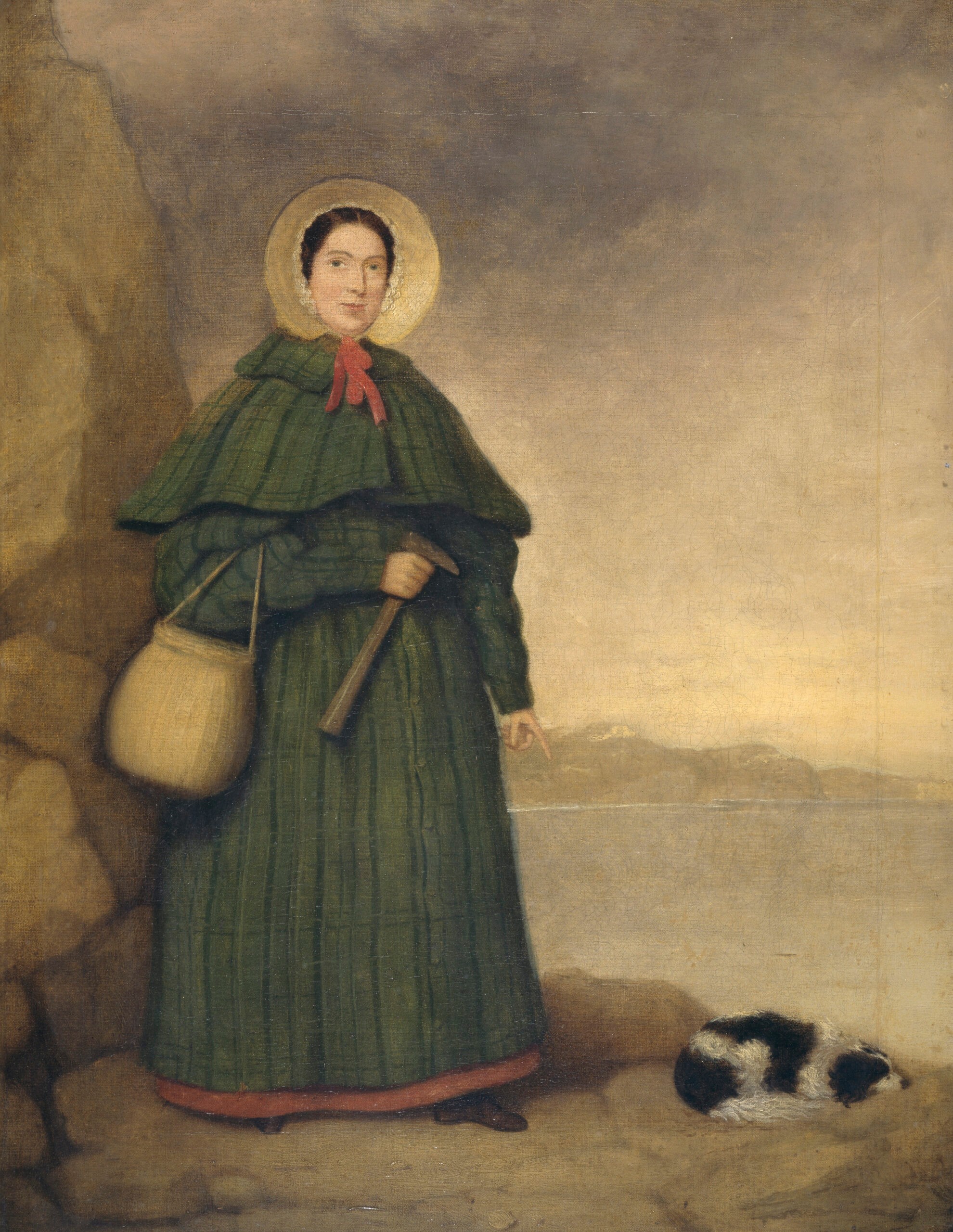 Pioneer fossil collector of Lyme Regis, Dorset. Oil painting by an unknown artist, before 1842. Golden Cap is visible in the background. Held at the Natural History Museum, London. ויקפדיה נחלת הכלל
