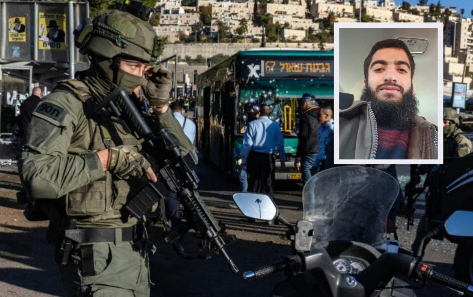 המחבל וזירת הפיגוע. צילום: אוליביה פיטוסי, דוברות המשטרה