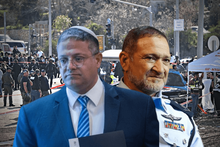 המפכ"ל ושר הבט"ל על רקע זירת הפיגוע בירושלים. צילום: פלאש 90