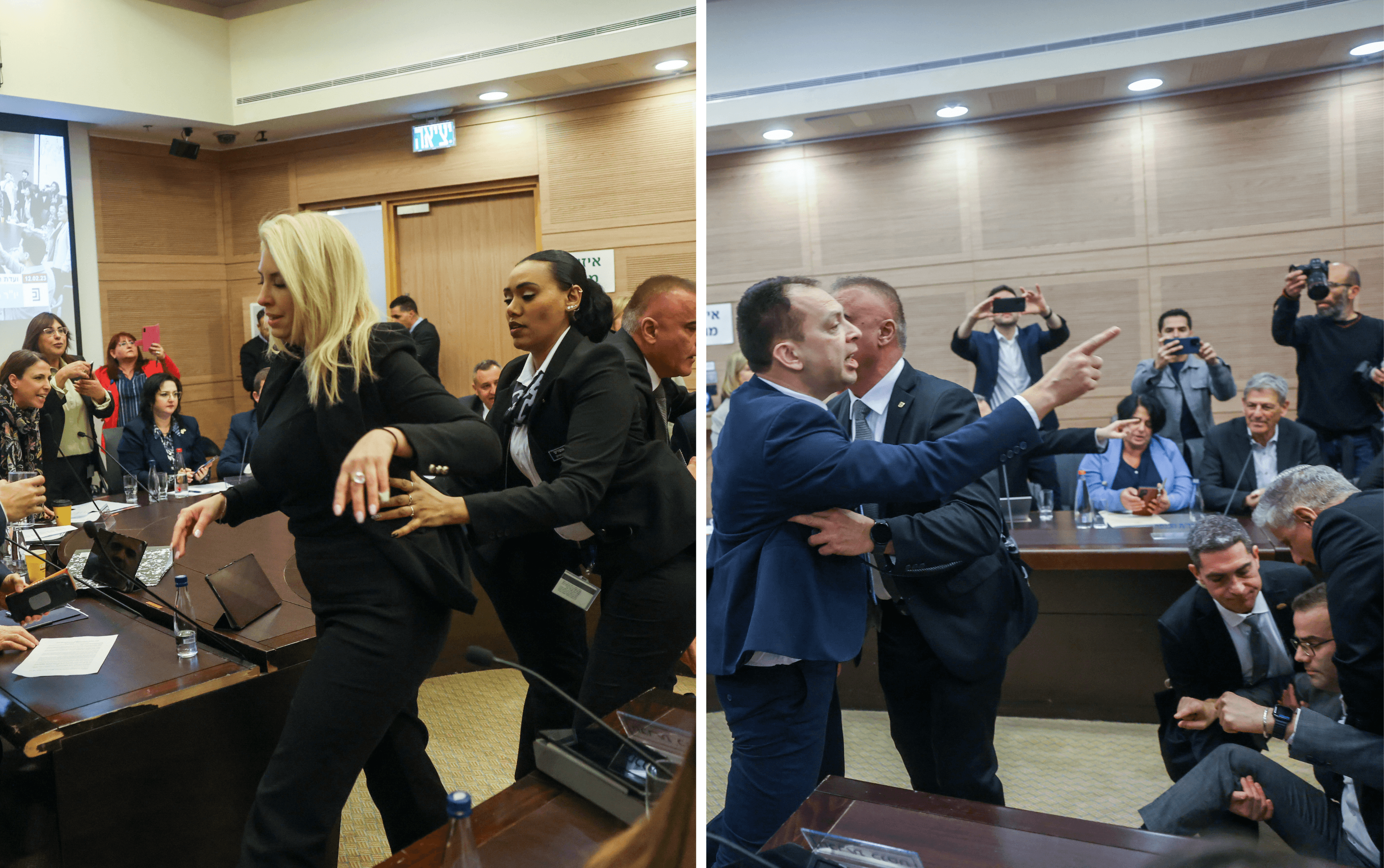 כאוס בוועדת החוקה: ח"כים מהאופוזיציה צורחים ומטפסים על שולחנות. צילום: יונתן זינדל, פלאש90