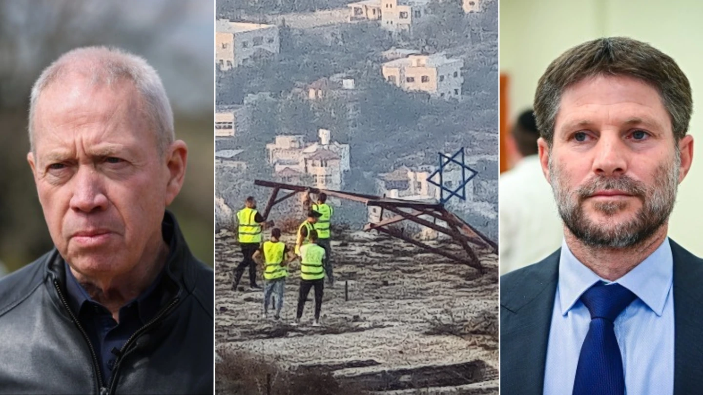 סמוטריץ' וגלנט על רקע ההרס. צילום: אבשלום ששוני, דוד כהן פלאש 90