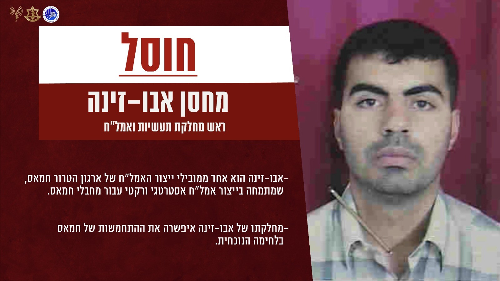 כוחותינו חיסלו את ראש מחלקת התעשיות ואמצעי הלחימה של חמאס