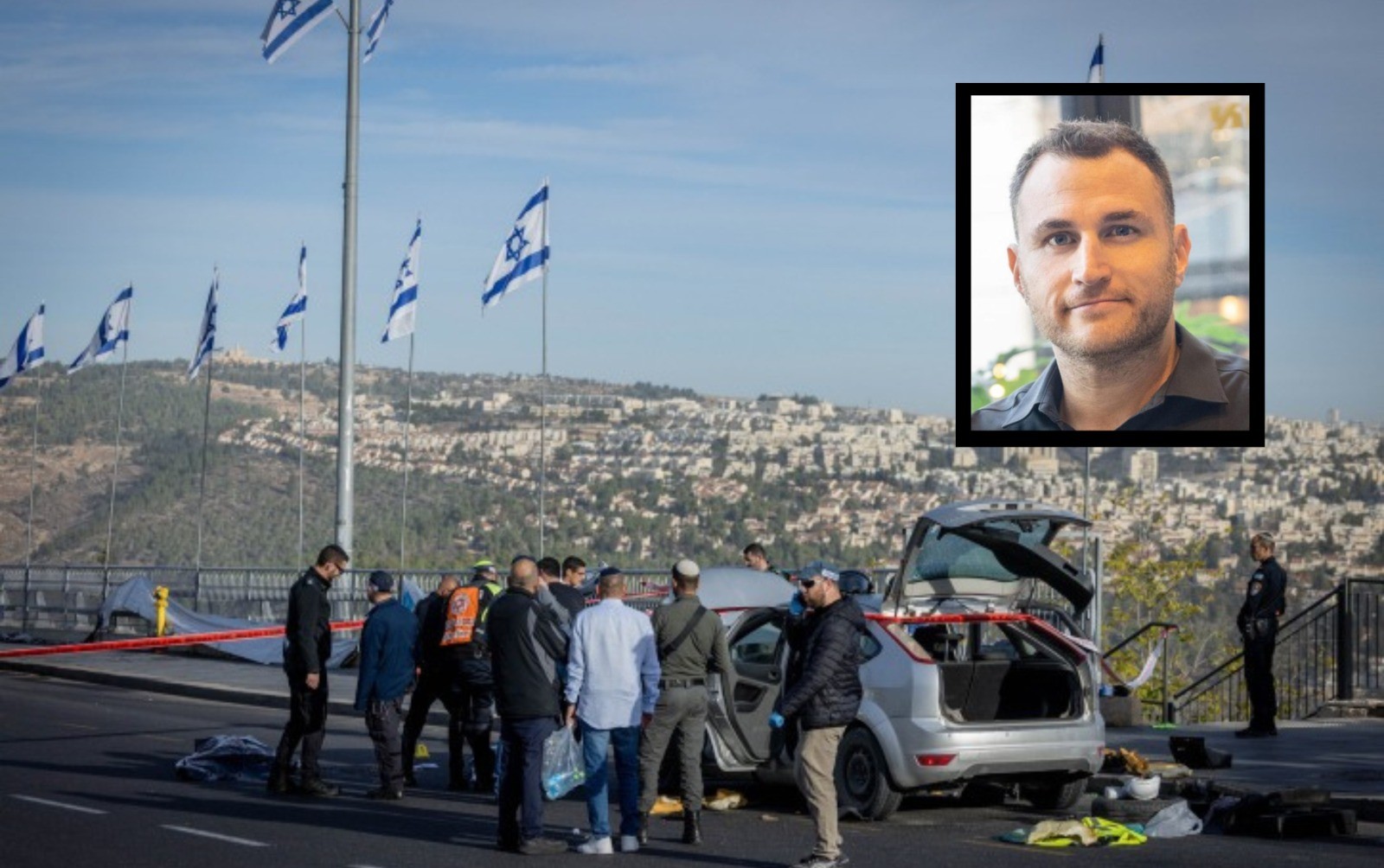 זירת הפיגוע בה נהרג יובל קסטלמן ז"ל | צילום: חיים גולדברג, פלאש 90; באדיבות המשפחה, שימוש לפי סעיף 27א' לחוק זכויות יוצרים