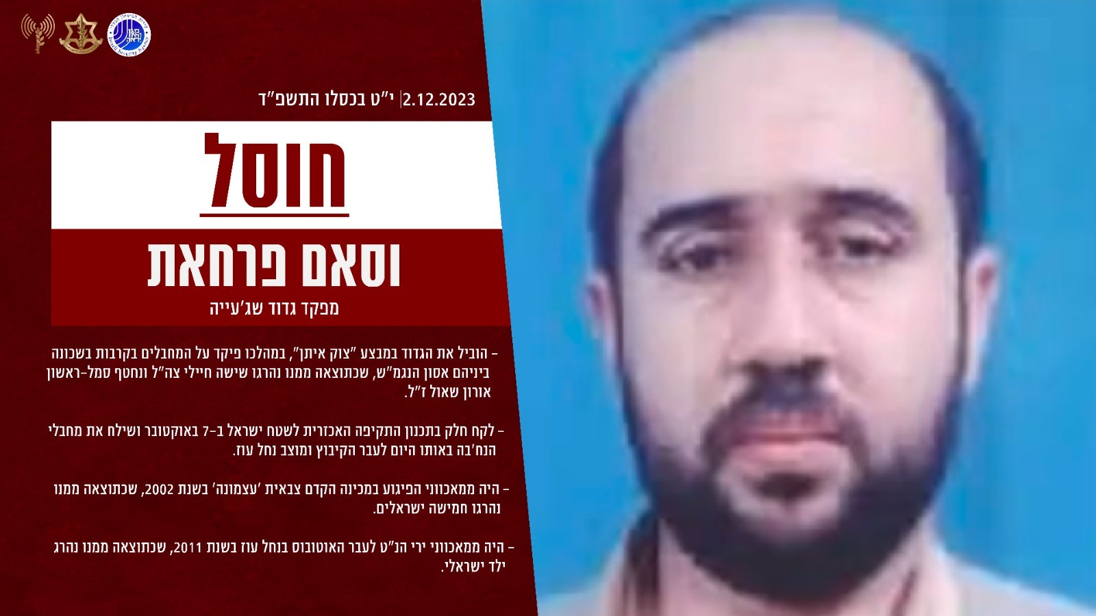 מפקד גדוד שג'עייה של אגרון הטרור שחמאס שחוסל | צילום: דובר צה"ל