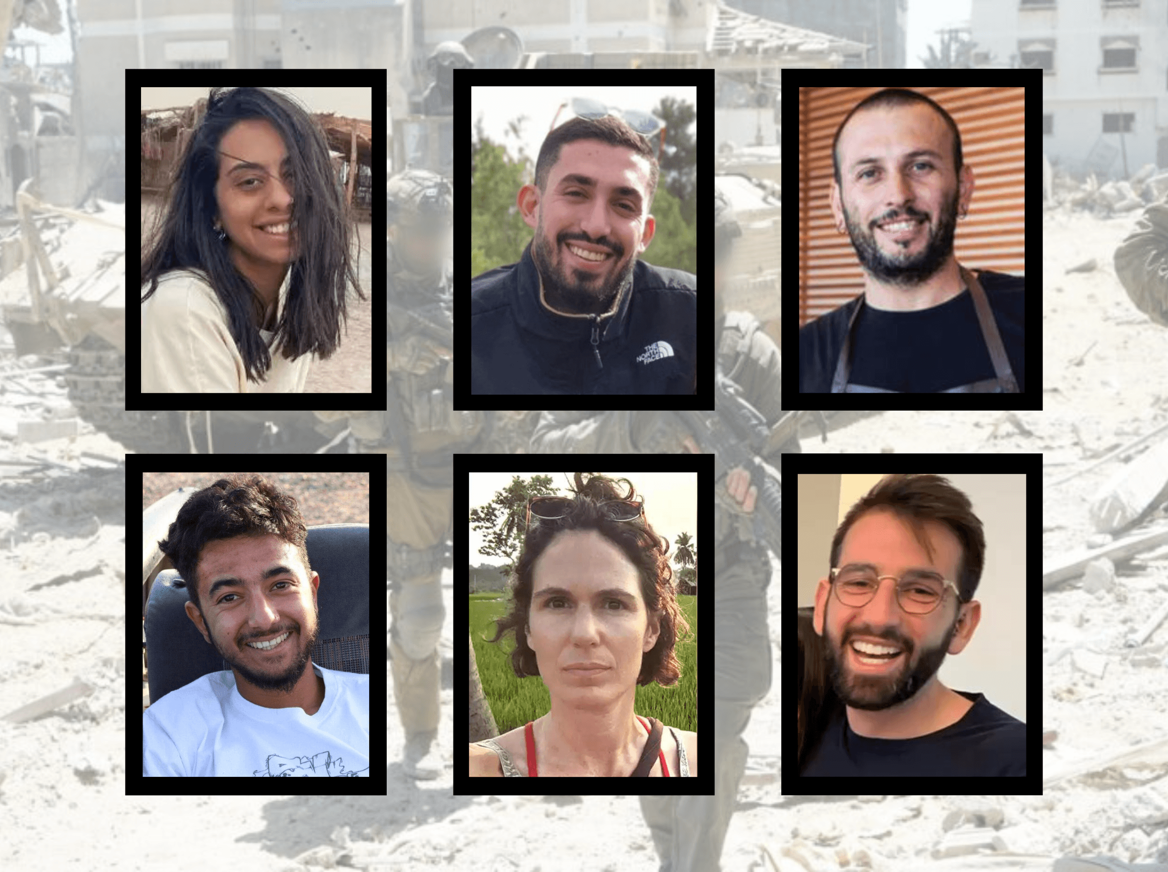 החטופים שנרצחו בשבי חמאס: הרש גולדברג-פולין, עדן ירושלמי, כרמל גת, אלמוג סרוסי, אלכס לובנוב ואורי דנינו | קרדיט: באדיבות המשפחות, דובר צה"ל