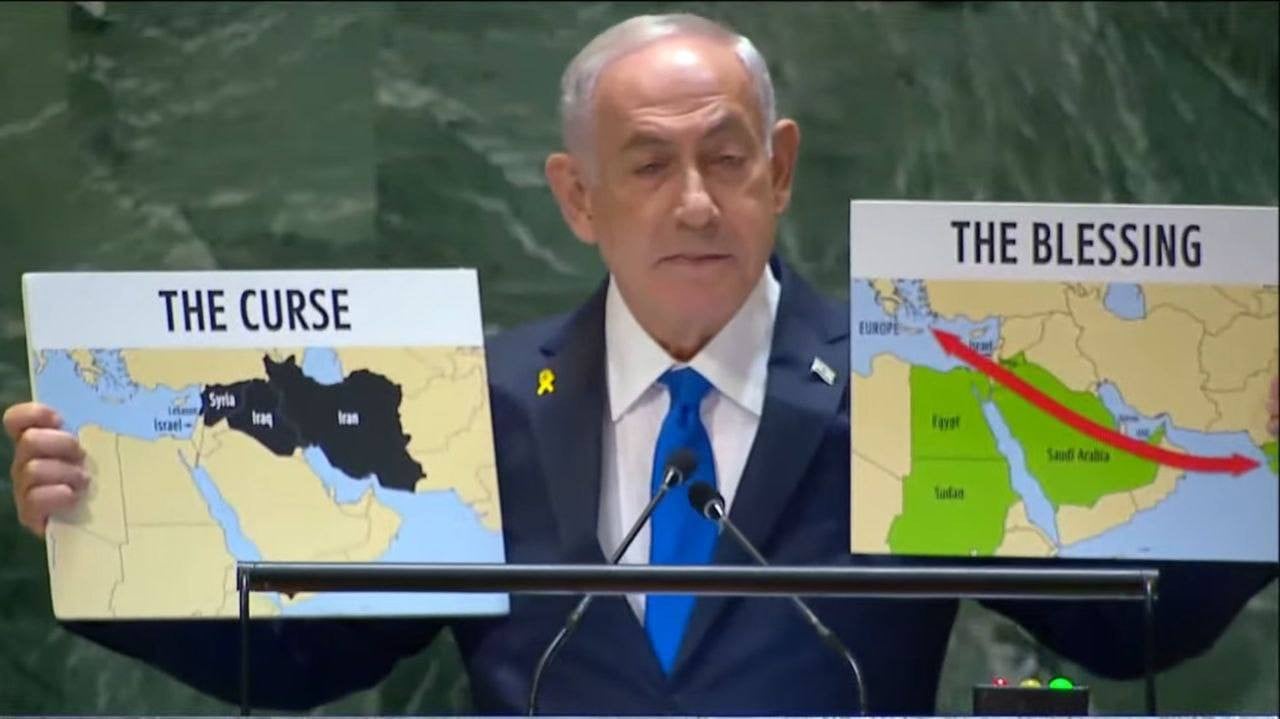 נתניהו הציג באו"ם שתי מפות של המזרח התיכון: "הברכה והקללה"