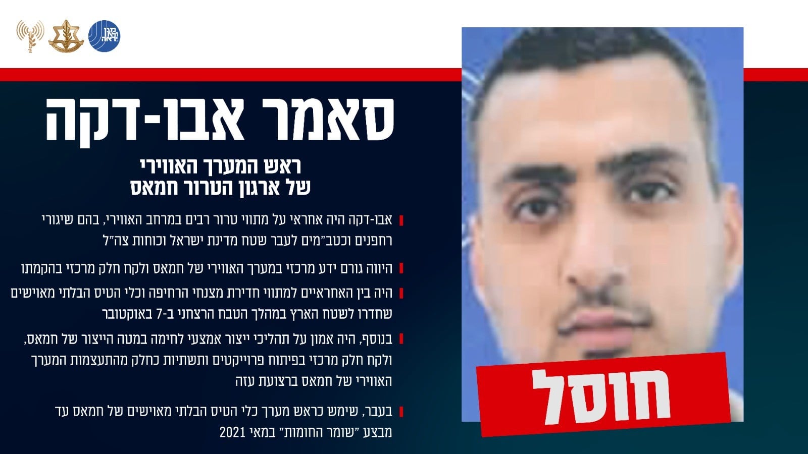 ראש המערך האווירי של החמאס: סאמר אבו-דקה - חוסל בידי צה"ל