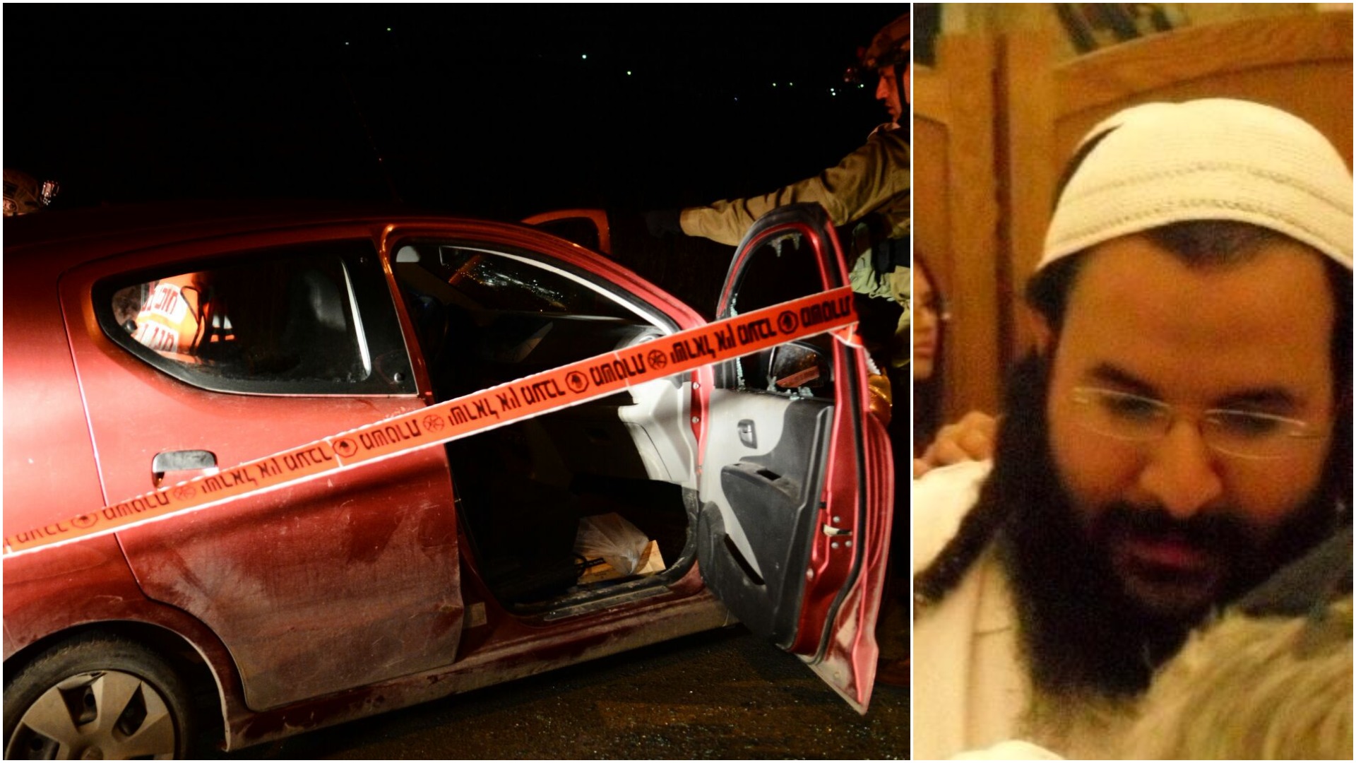 הרב רזיאל שבח הי"ד ומכוניתו שרוססה בכדורים. צילום: TPS