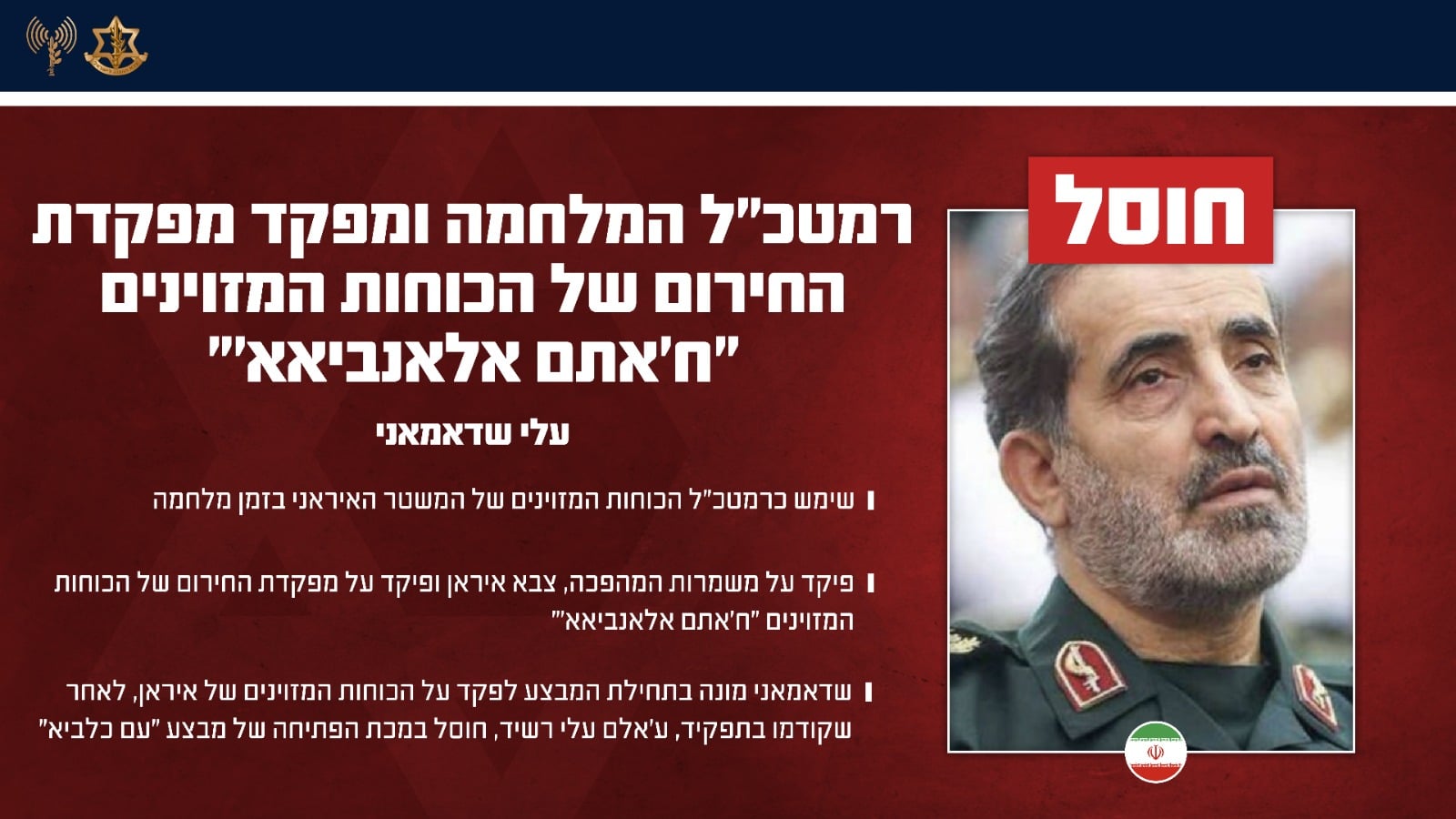 הרמטכ"ל החדש שחוסל, עלי שדאמאני | צילום: דובר צה"ל