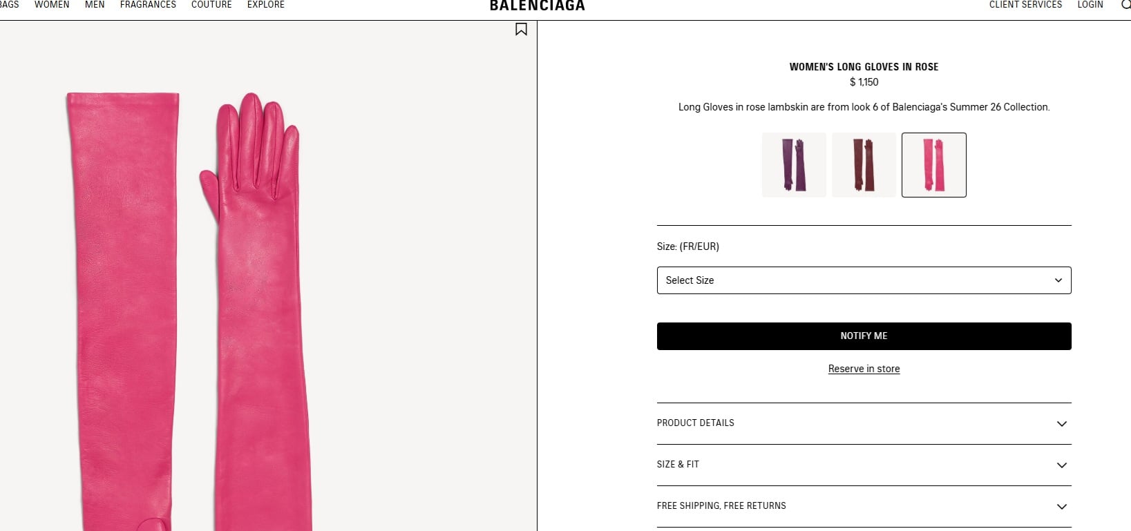 כפפות עור מותג האופנה Balenciaga קרדיט: צילום מסך אתר
